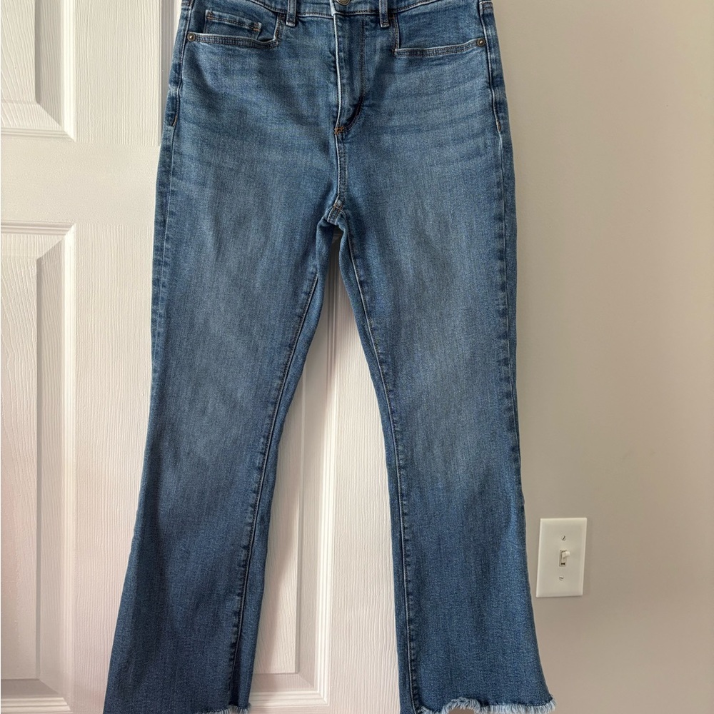LOFT Blue Flare Jeans with Frayed Hem